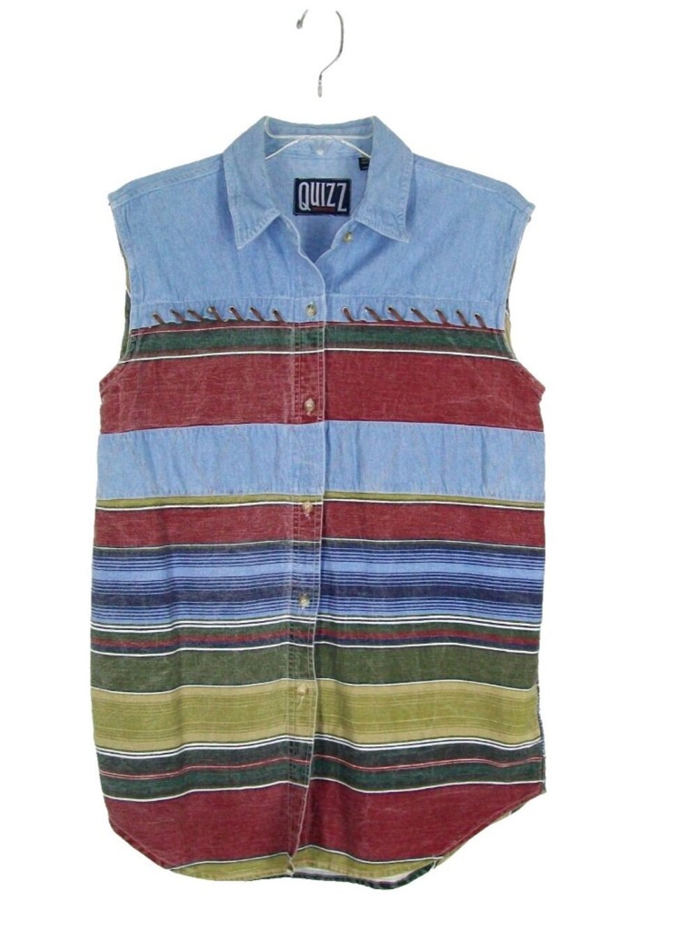 Vintage Quizz Denim Sleeveless Western Top L Button Up Striped Blue Cotton